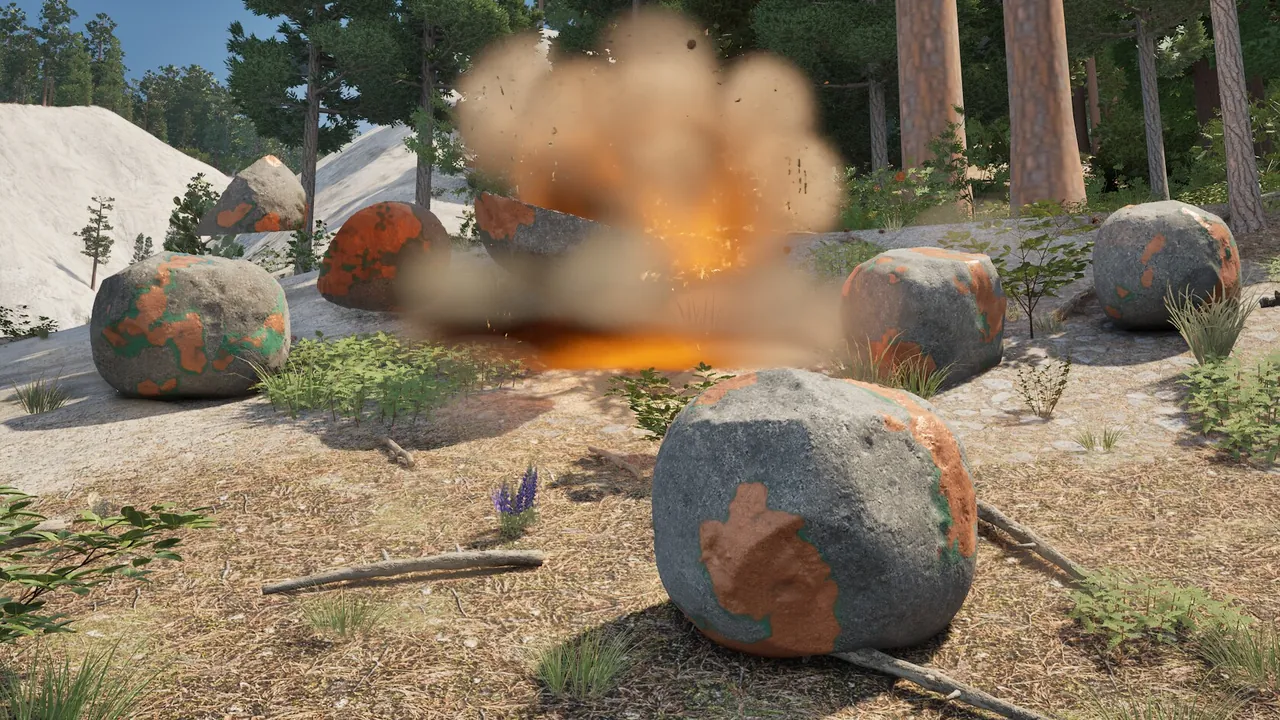 A stick of dynamite going off between granite boulders with copper in them, an orange flash low on the ground and a tan dust cloud full of grit