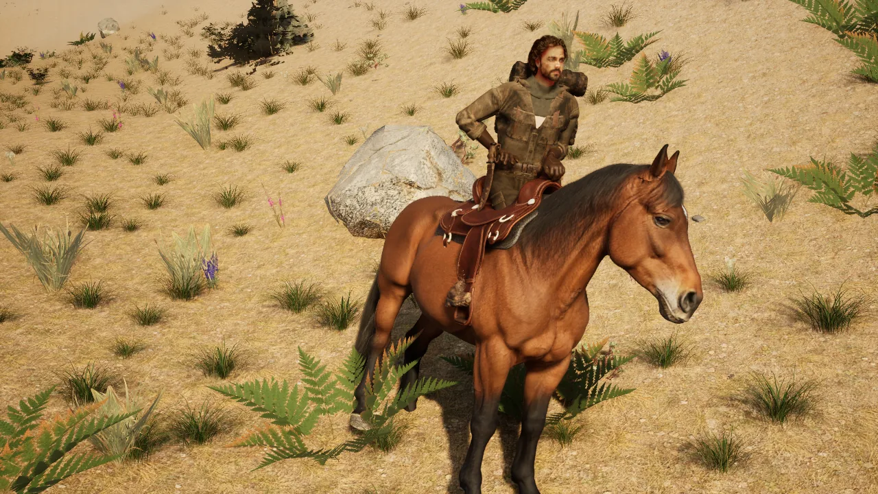 The survivor mid-mount on a bay horse, right hand on the saddle horn, leaning over the saddle