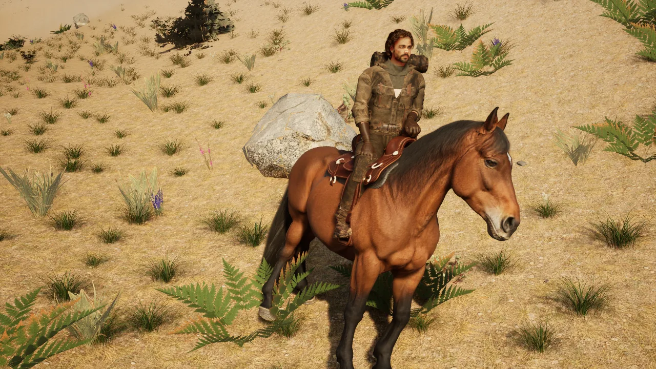 The survivor seated in a western saddle on a bay horse in dry grass, with ferns and a granite boulder behind