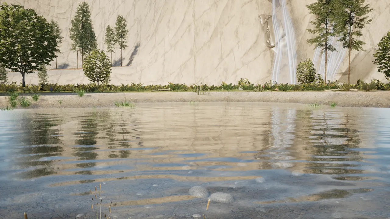 A still pool of clear water reflecting pines and a pale granite wall, with a waterfall running down the wall at the right