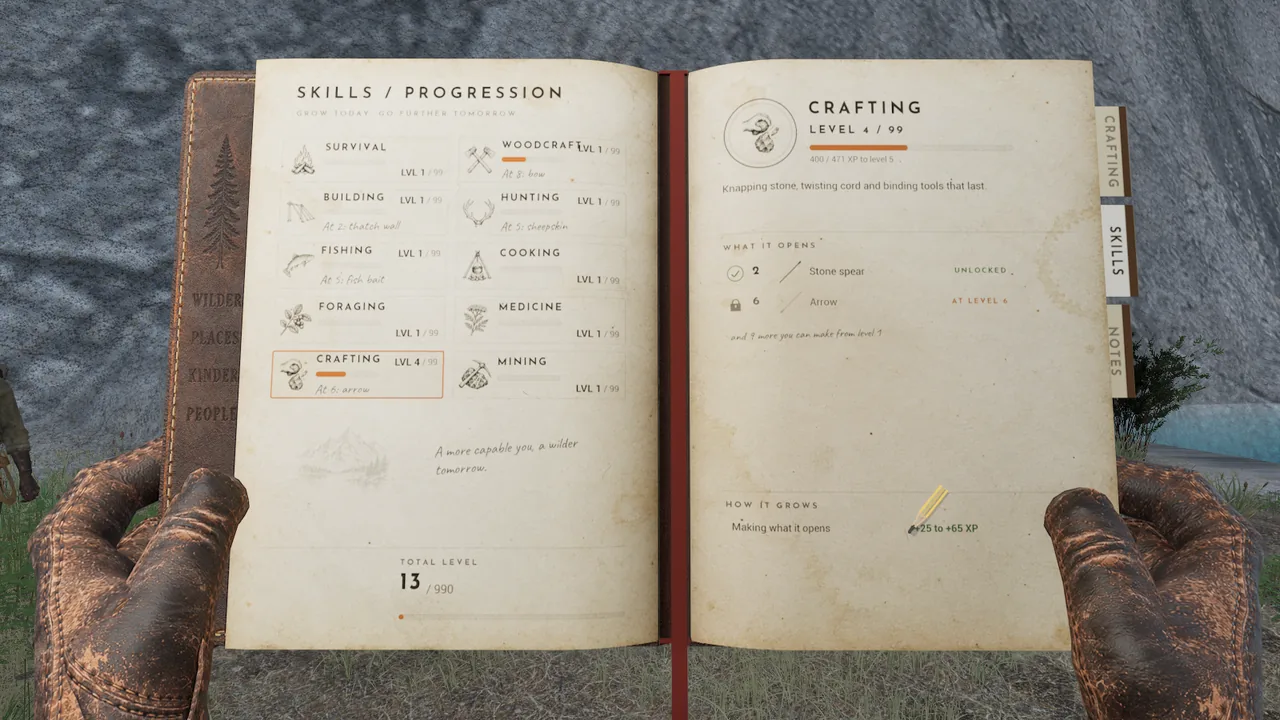 The field book held in two gloved hands, open at Skills, with Crafting at level 4 and the stone spear unlocked
