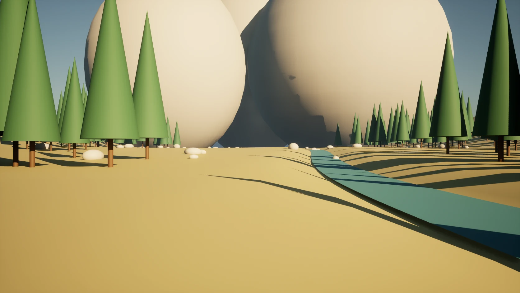 The original valley blockout with cone-shaped trees and geometric mountains